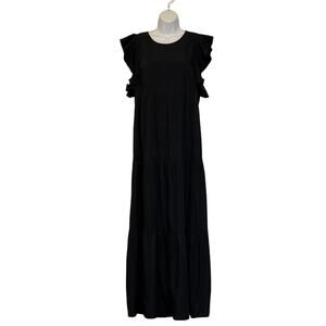 Pinch Navy Blue Ruffle Sleeve Maxi Dress L Linen Blend Cottagecore Coastal Chic